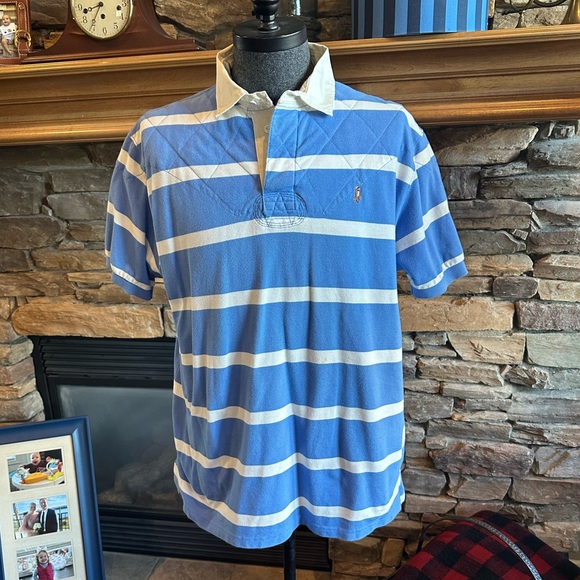 POLO Ralph Lauren Men’s Carolina Blue Striped Rugby Style Knit Shirt - Size XL - Picture 6 of 11